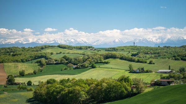 Paysage du Gers avec les Pyrénées en arrière-plan