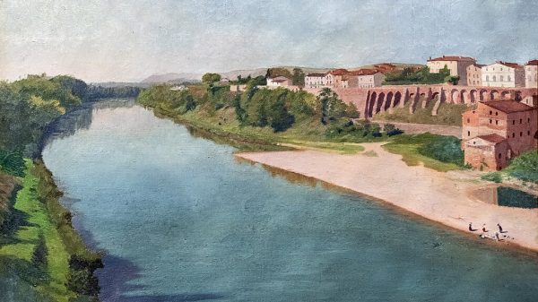 Les remparts de Rabastens et la plage, peinture à l'huile de Paul Prouho (1849-1931)